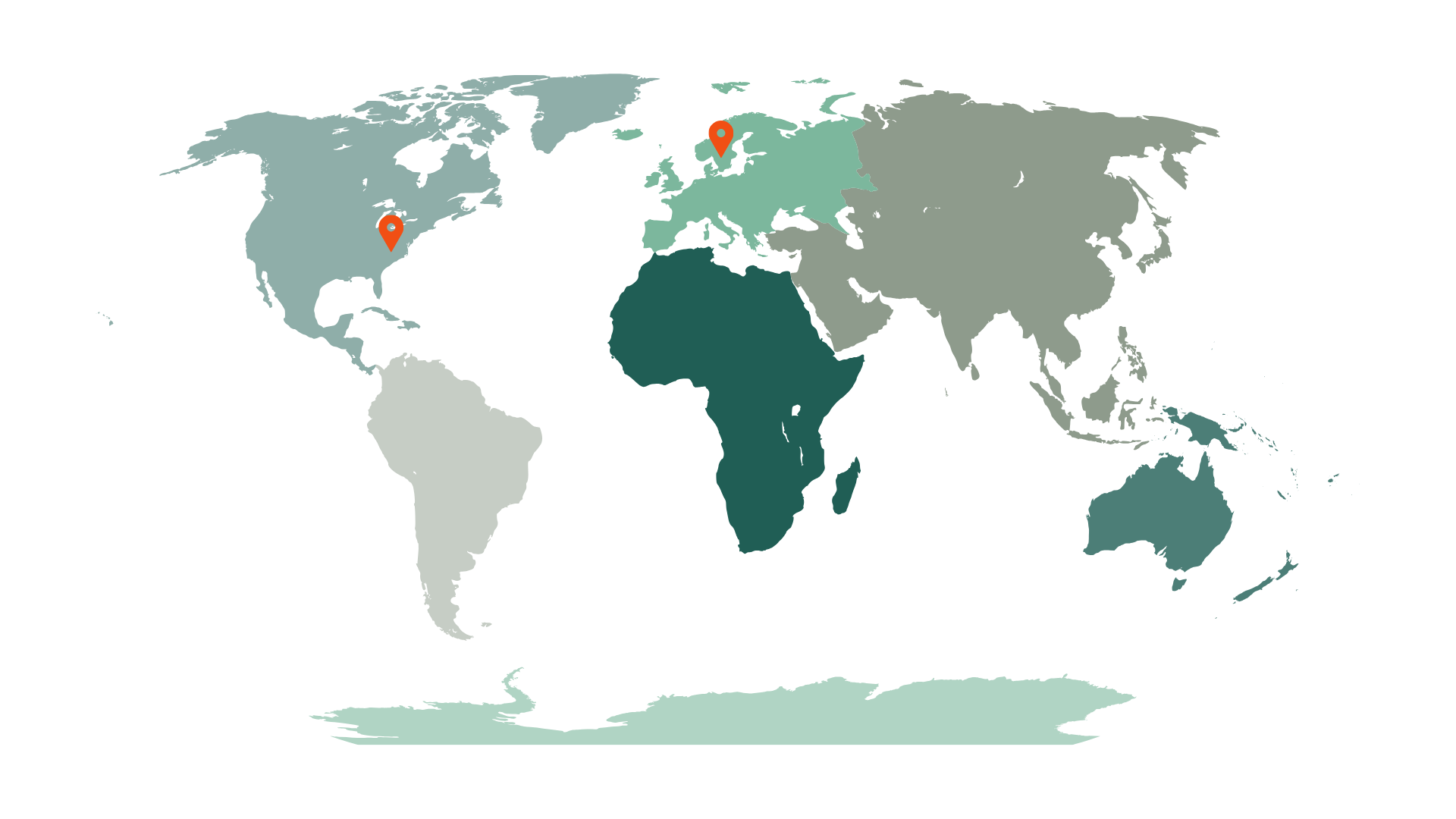 World map with pins in Sweden and the United States